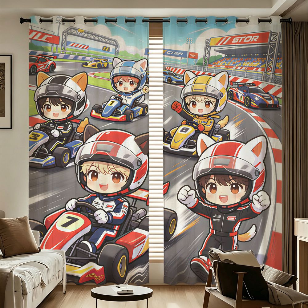 Decor Kart Lighting - カートレーシング漫画デジタルプリントカーテン 2 パネル遮光率 85% 暗くする装飾カーテンスポーツルームの装飾