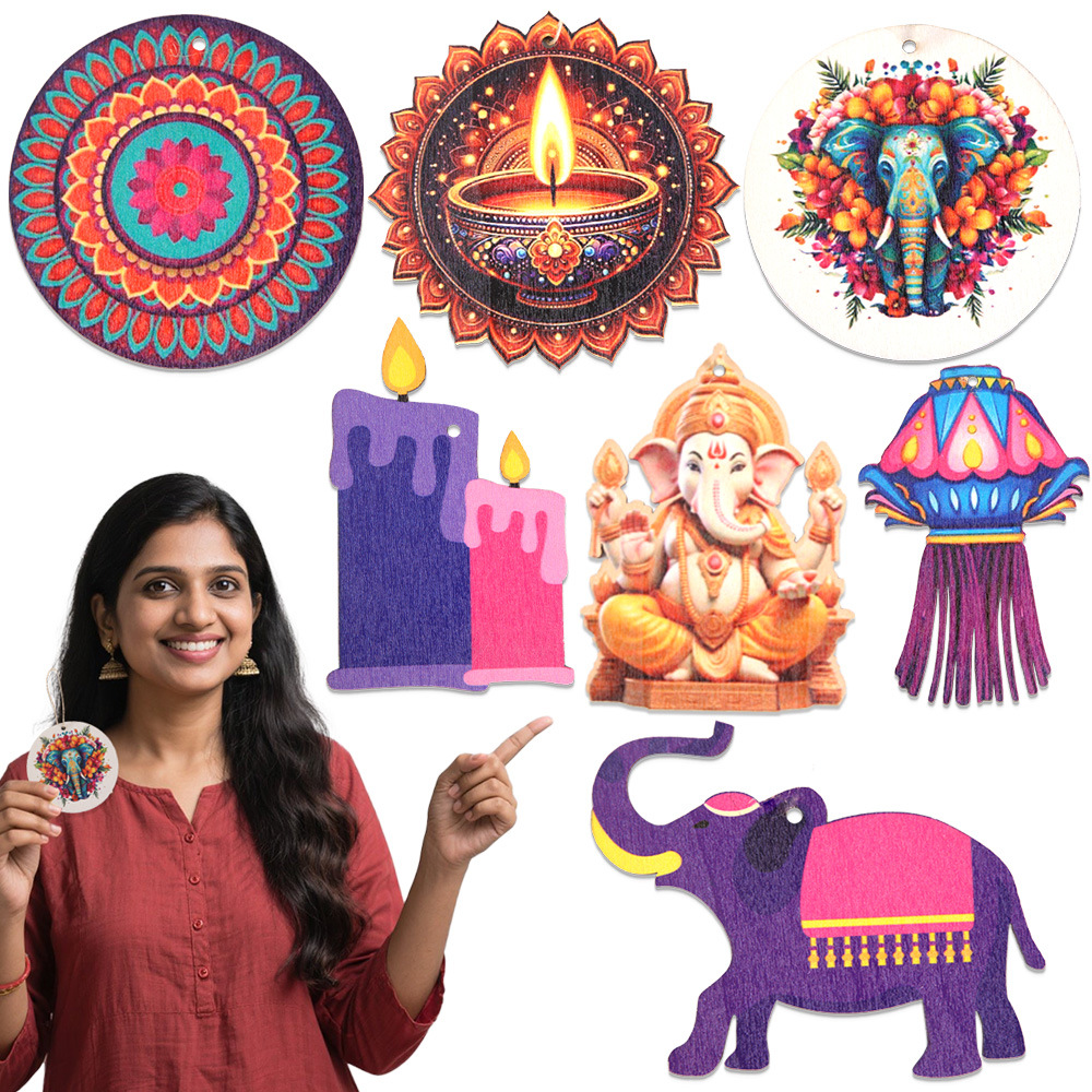 Lighting Decoration For Diwali - ディワリをテーマにした装飾 - 木製チップハンガー（象とキャンドル） - インドの光の祭典パーティーの飾り
