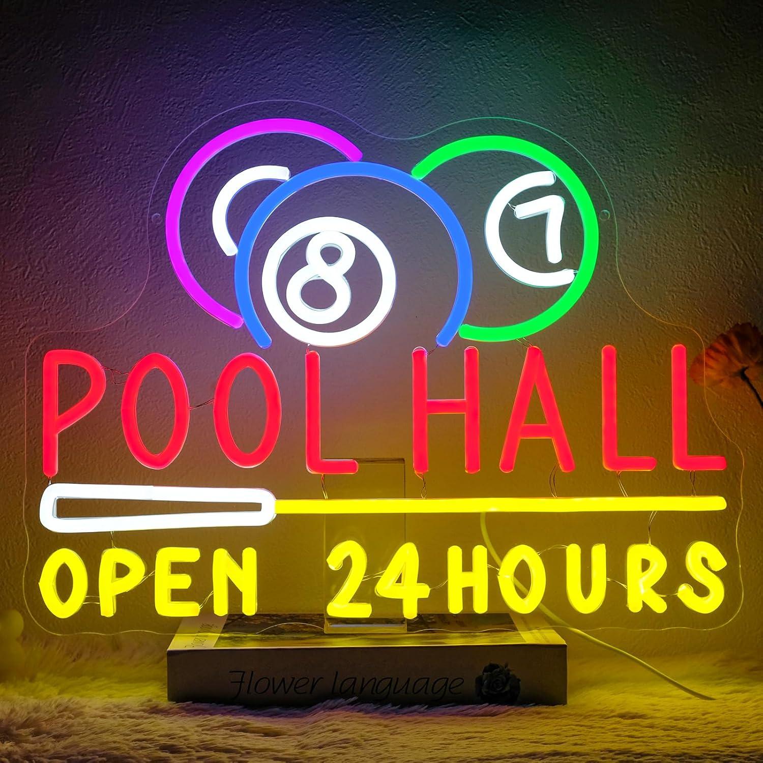 Decor Lighting Opening Hours - プールホール24時間営業ネオンサイン USB調光式LEDネオンライト ゲームルーム、バー、男の隠れ家、スヌーカークラブ、壁装飾、ビジネスサイン用