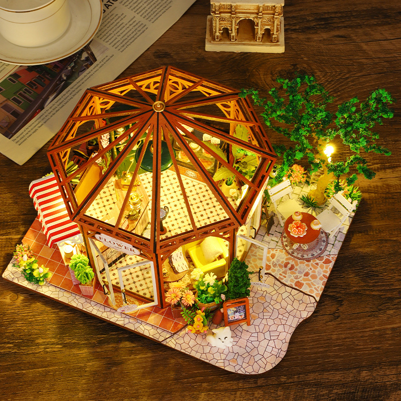 Lighting Home Decor Products - DIY 木製ミニチュアモデルキットフラワーコーヒーショップカーサ 3D パズルドールハウス家具ライト家の装飾友人のためのギフト