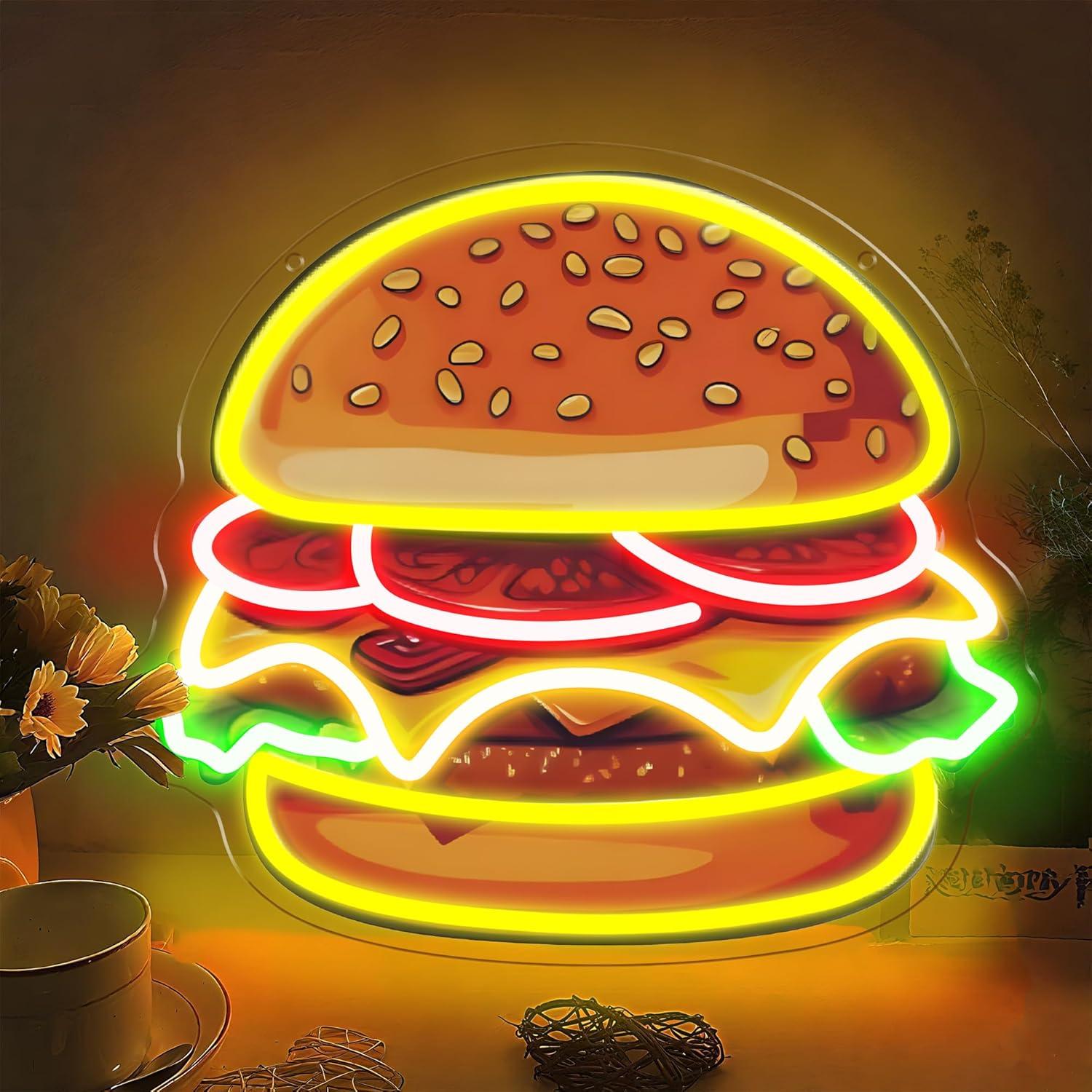 Restaurant Lighting Decoration - バーガーネオンサインLEDハンバーガーウォールライト、レストラン、バー、キッチン、ファーストフード店、カフェ、フードトラックの装飾、ビジネス用LEDサイン